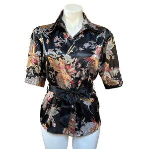 Vintage Y2K NWT 1950s-Style Satin Floral Button-Up Blouse With Tie Waist